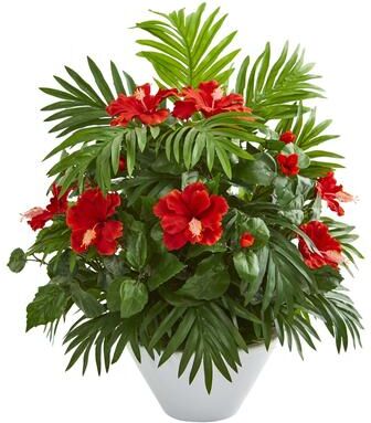 Nearly Natural Hibiscus and Areca Palm Artificial Plant in White Bowl