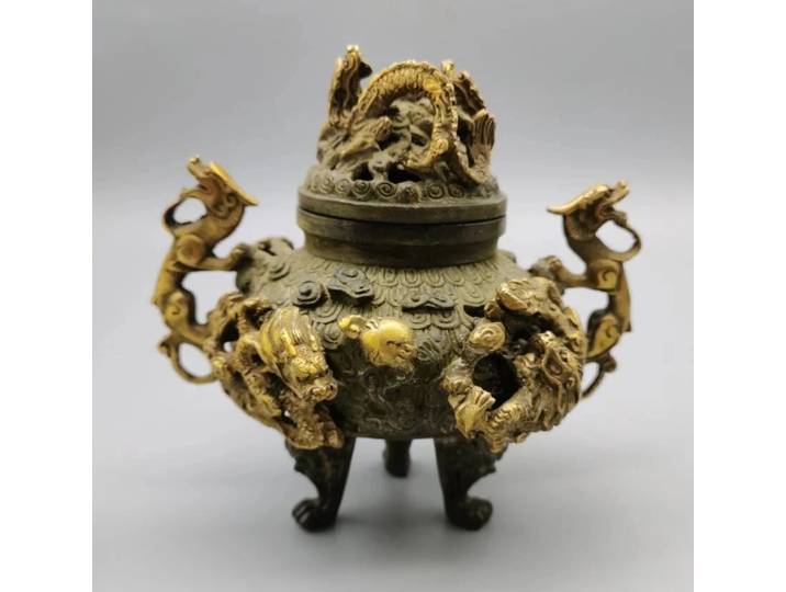 Chine Bronze Archaize Neuf Dragon Brûleur D'encens Artisanat Statue