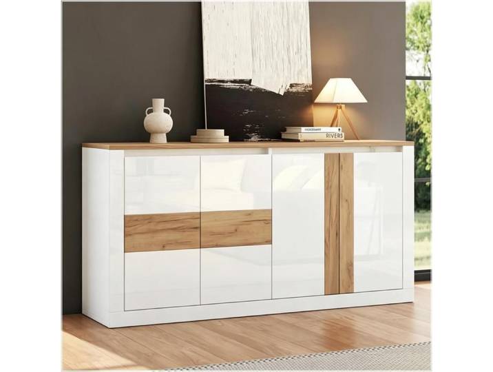 Piaenon - Buffet Brillant 140x35x70cm avec LED 4 Portes 40kg Étagères Réglables pour Salon Moderne - Blanc