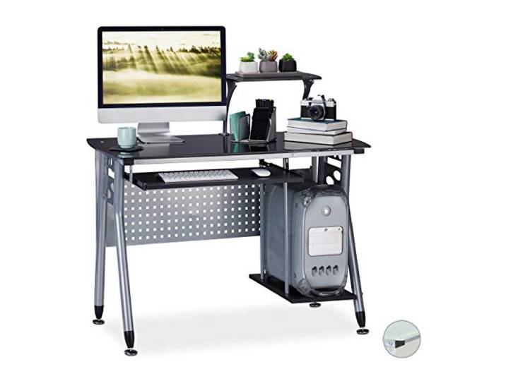 Relaxdays Computertisch Glas, Tastaturauszug & Fach für Rechner, schwarz