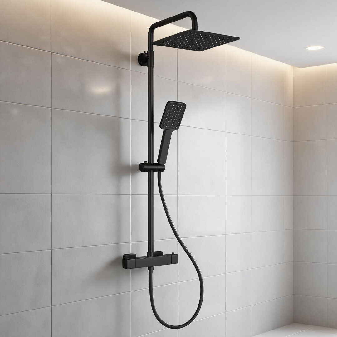 Brayden Studio Modern Bathroom Thermostatic Shower Mixer Set with 38°C Safety Lock, 3-Mode Handheld Matte Black