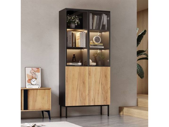 Vitrine avec portes verre 74x31x180cm armoire haut avec lumières LED vitrine en verre 5 étages pour objets de collection Noir Chêne