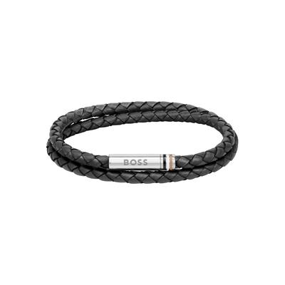 Armband BOSS "Schmuck Edelstahl Lederarmband Wickelarmband ARES" Gr. M, grau (schwarz, edelstahlfarben), Armbänder, Herren, M, Edelstahl Leder, Edelstahl, Leder, Armband