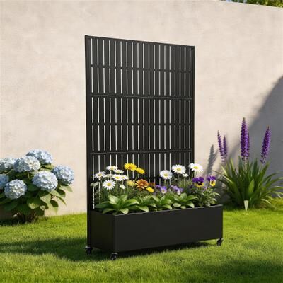 Uixe Rectangular Decorative Metal Privacy Screen with Planter Box Wheels