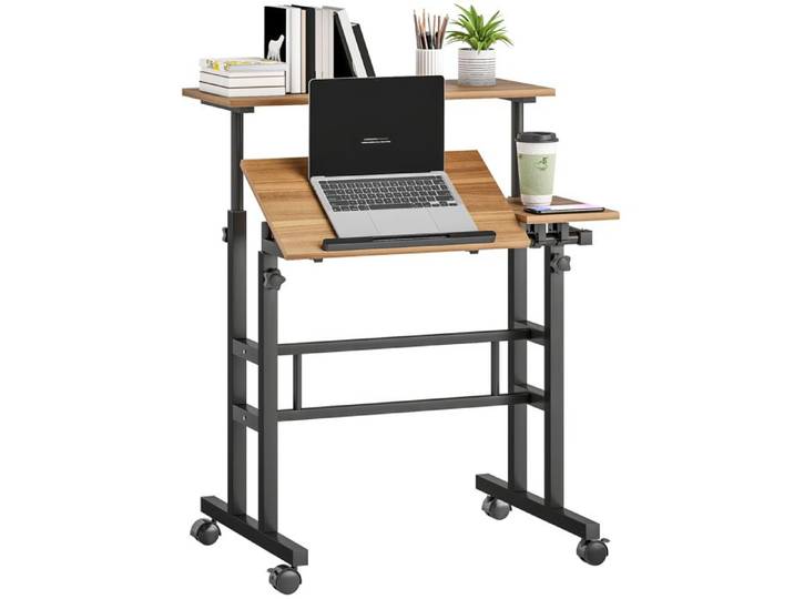 Confort ergonomique bureau assis debout réglable en hauteur plateau inclinable à roulettes pour plusieurs écrans