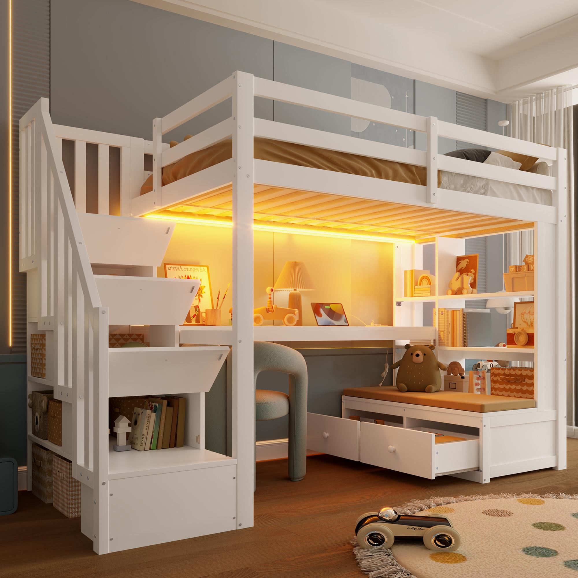 Merax Etagenbett 90x200, mit Schreibtisch, Regalen, LED, Schubladen & Stauraumtreppe, Hochbett Stockbett, Kinderbett Jugendbett, Weiß