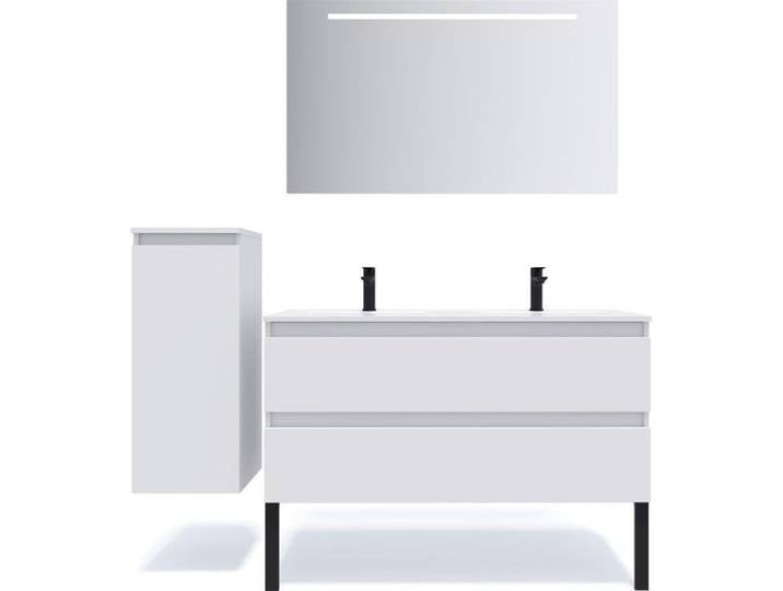 Ensemble salle de bain double vasque 120cm 2 tiroirs Blanc + miroir + colonne gauche - Hudson