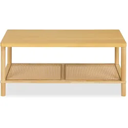 COSTWAY Beistelltisch aus Holz, mit Rattanablage, verstellbaren Füßen, 100x52x45 cm, Natur