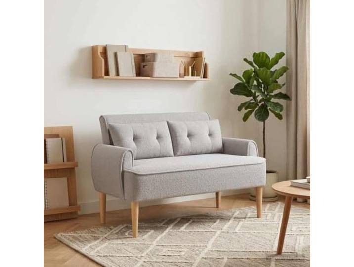 NLQMSU Sofa Love Seat, hellgrau, gelockt, mit Knöpfen Atmungsaktiver Schlaufenstoff, 100 % Polyester, Beine aus massivem Gummibaumholz, herausnehmbares Schaumstoffkissen