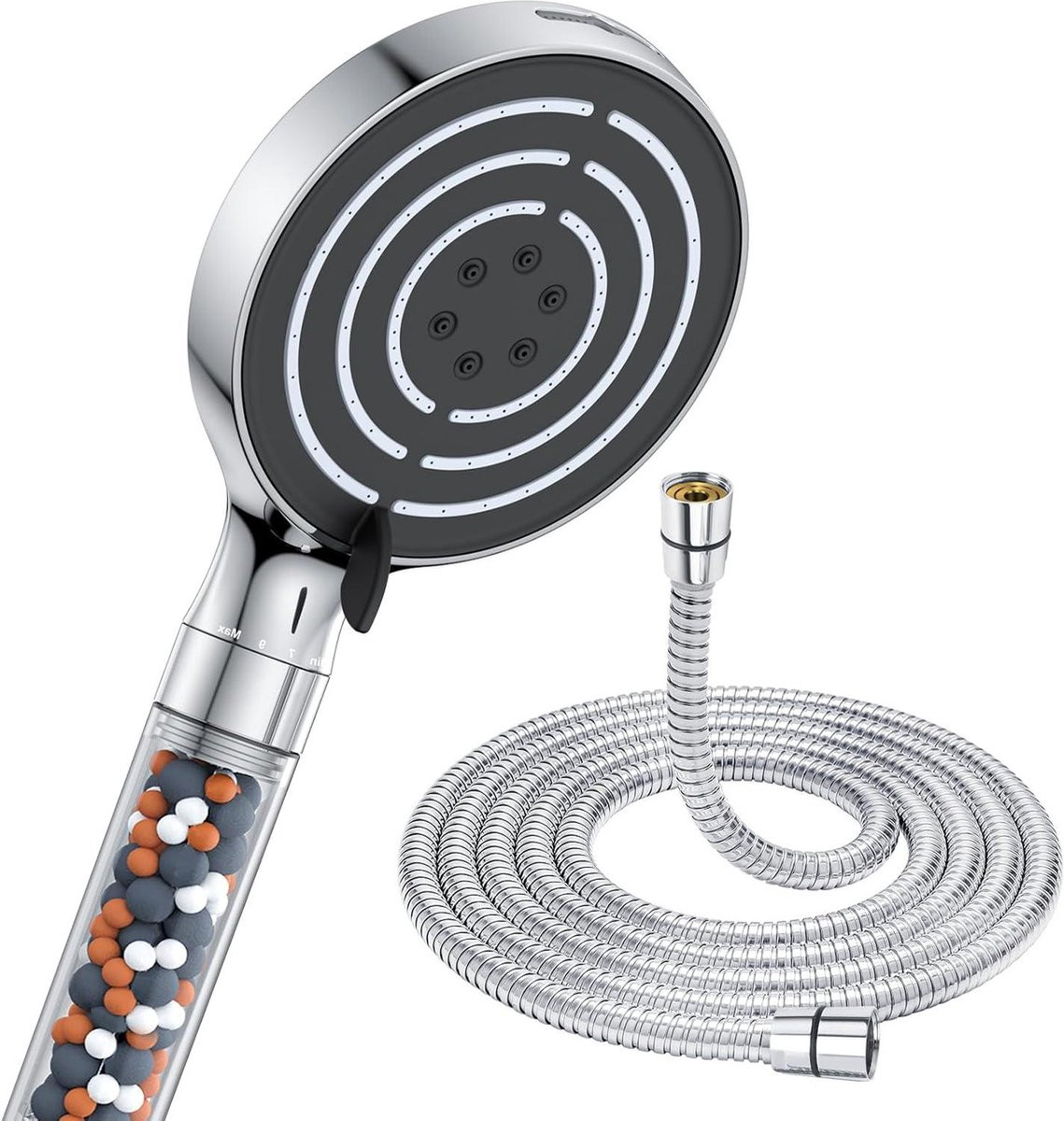 Waterbesparende hogedruk regendouche met 6 straalsoorten, handdouche met 18 meter slang en antikalkfunctie, zilver en multicolor
