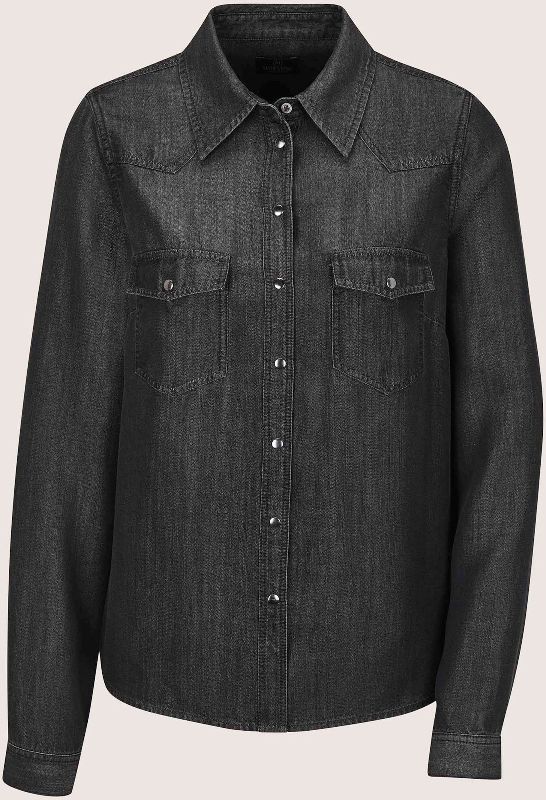 Langarmbluse MADELEINE "Hemdbluse Lässige Denim-Bluse mit Hemdkragen", Damen, Gr. 36, schwarz (schwarz denim), Modern, V-Ausschnitt, Blusen Langarmbluse