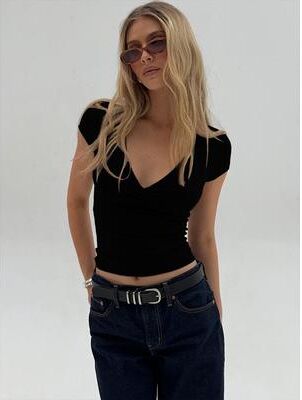 Daily Discovery Deep V Neck T Shirt For Women Slim Fit Waist Slimming Summer Casual Top black l