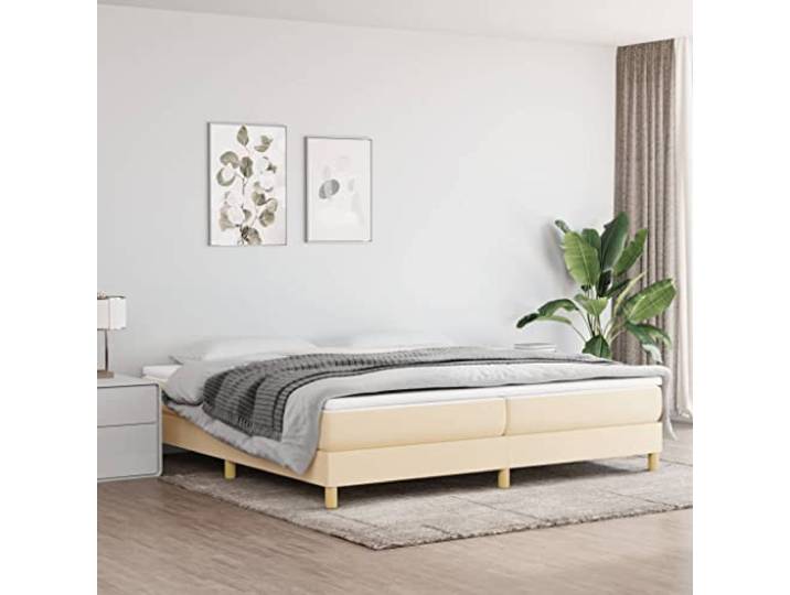 Strapazierfähiger Stoff Atmungsaktiv Boxspringbettrahmen Creme 200x200 cm Boxspringbettgestell Crème 200x200 cm Stoff mit stabilen Beinen und Sperrholzlatten, Modernes Polsterbett für erholsamen