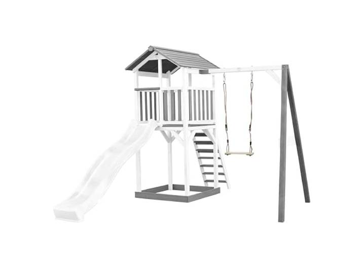 AXI Beach Tower Grau & Weiß mit Weißer Rutsche & Schaukel Spielplatz, Spielturm mit Sandkasten & Einzelschaukel, FSC Holz, Podesthöhe: 117,5 cm