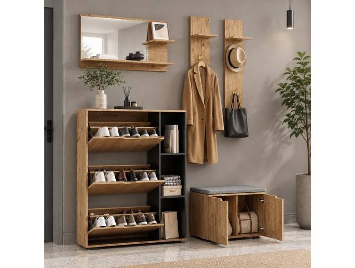 Ensemble vestiaire entrée meuble à chaussures 150 x 35 x 161 5 cm avec miroir patères et banc rembourré ORVRYN