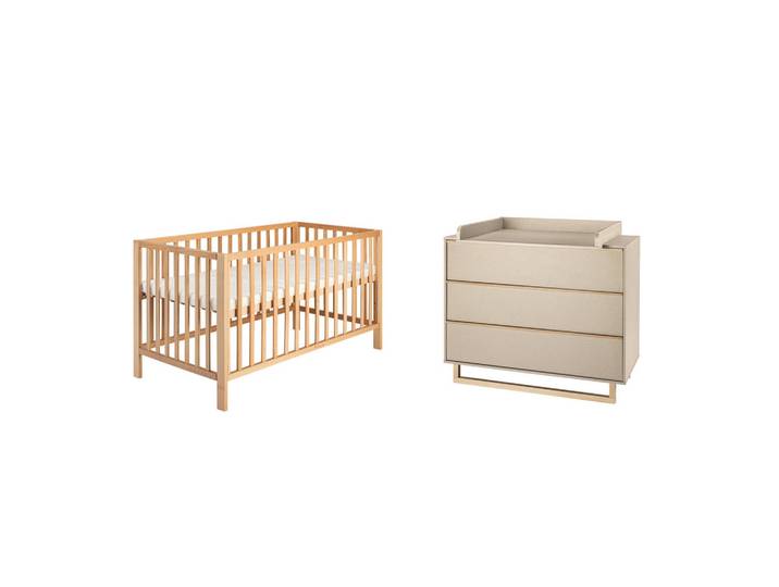 Schardt Babyzimmer Terry, Buche, Beige, Holz, Buche, 3 Schublade(n) Schubladen, 191 cm, zum Juniorbett umbaubar, höhenverstellbar, Lattenrost inklusive, Schlupfsprossen, Babymöbel, Babyzimmer-Sets