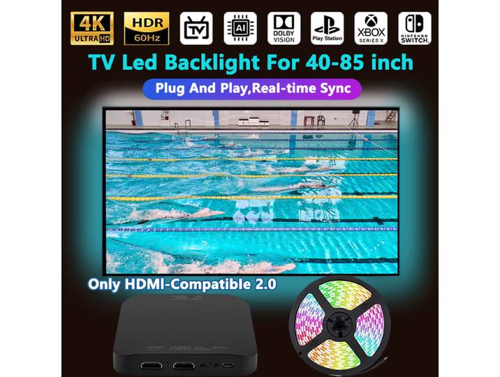 Rétro-éclairage TV en Temps Réel, Bande Lumineuse LED de 40 à 85 Pouces, Compatible HDMI 2.0, Kit de Lumière pour Boîtier TV