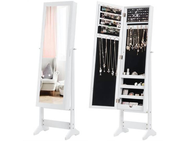 DREAMADE Armoire à Bijoux Rangement pour Bijoux en MDF avec Espace de Rangement et Grand Miroir pour Anneaux Boucle d'oreille
