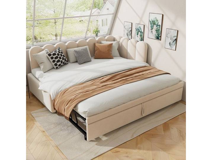 Canapé-Lit Multifonction 90x180/200 cm Lit Gigogne Canapé-Lit en L 2-En-1 en Velours Lit 1 Personne Beige