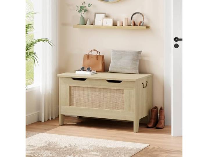 IDEALHOUSE Spielzeugtruhe Für Kinder Mit Sicherheitsklappe 100 cm Aufbewahrungsbank im Landhausstil für Flur, Wohnzimmer & Kinderzimmer (Greige, Weiß, Rustikalbraun)