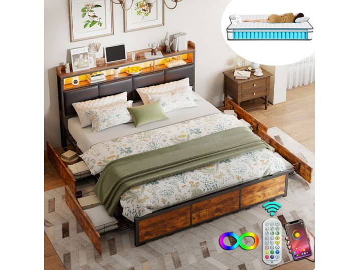 Lit double 140x200cm - LUMINARIX - Lit Coffre à tiroirs - Matelas inclus - LED intégrée - Tête de lit rembourrée