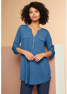 Plus Size Women's Zip Front Ultrasmooth® Fabric Tunic by Roaman's in Dusty Indigo (Size 18/20)