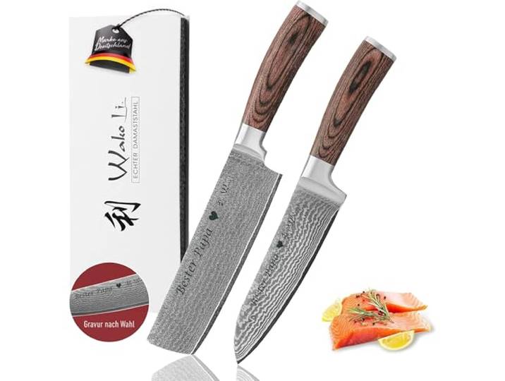 Wakoli Edib 2er Damastmesser Set mit Gravur – Personalisiertes Messer-Set, Santoku & Nakiri (17/17,5 cm), 67 Lagen Damaststahl (VG10-Kern), Pakkaholzgriff, Geschenkbox