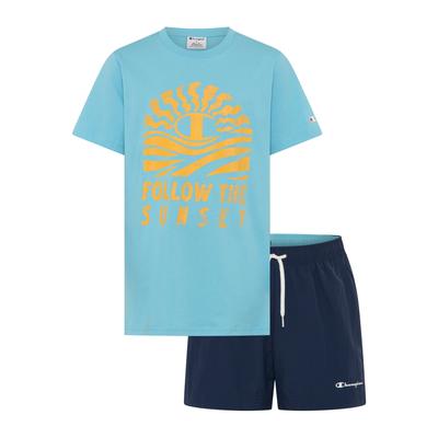 T-Shirt & Shorts CHAMPION "Kids' Beach Set", Mädchen, Gr. M (140/146), blau (mlkb, nava, mlkb), Obermaterial: 100% Baumwolle. Innenslip: 100% Polyester. Obermaterial Hose: 100% Polyamid, KOB Set-Artikel, sportliche T-Shirt & Shorts, mit Innenslip...
