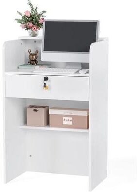 No Modern Wooden Reception Desk with Lockable Drawer, Open Storage Compartment, Multi-size Commercial Front Counter