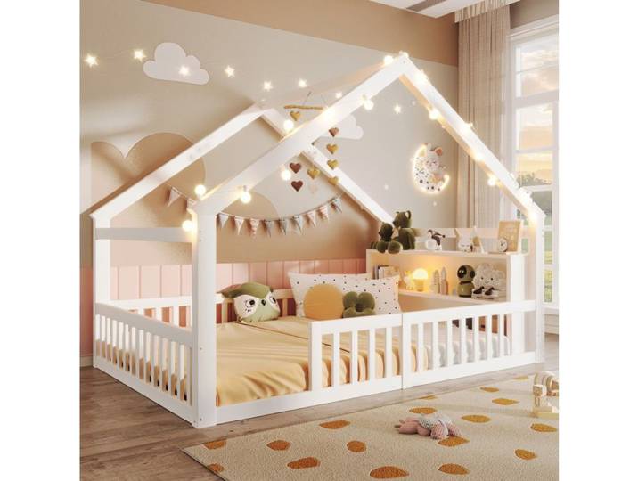 Lit cabane enfant blanc 140 x 190 cm barrières de sécurité rangements latéraux décor lumineux sans matelas