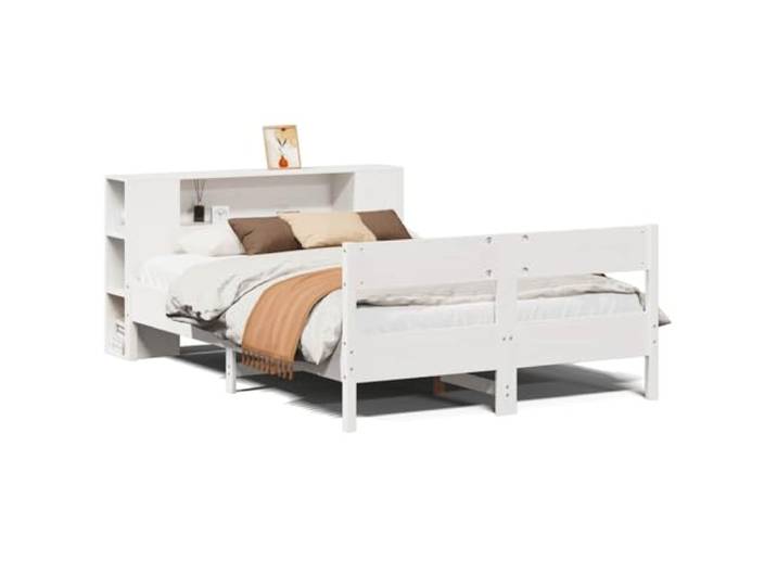 PUGYNBK Bett mit Regal, Massivholz, weiß, 140 x 190 cm Lattenrost im Lieferumfang enthalten, ohne Matratze, seitliche Aufbewahrung, platzsparend