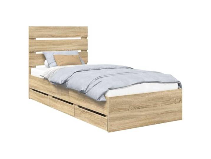 PUGYNBK Bettrahmen Sonoma Eiche 75 x 190 cm Holz Basis mit Aufbewahrung, feste Lamellen, modernes Design, einfache Reinigung