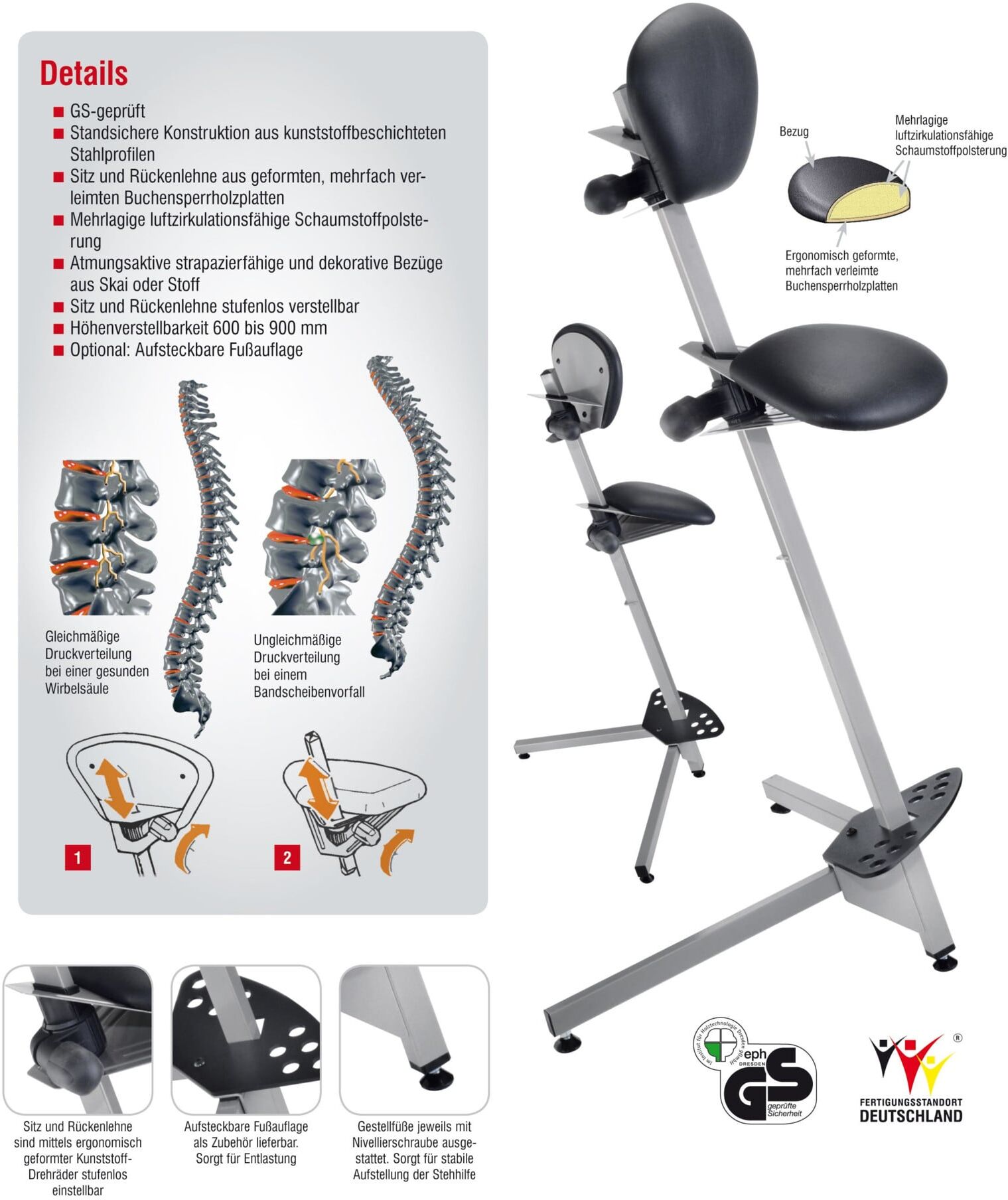 Kappes Stehhilfe ErgoPlus 3000 graualuminium Polster/Bezug Skai schwarz (8201.00.3020)