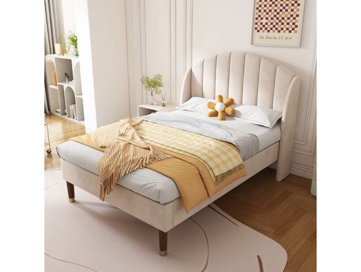 Lit rembourré 90x200 avec lattes et tête lit ado lit simple support lattes bois montage simple velours beige