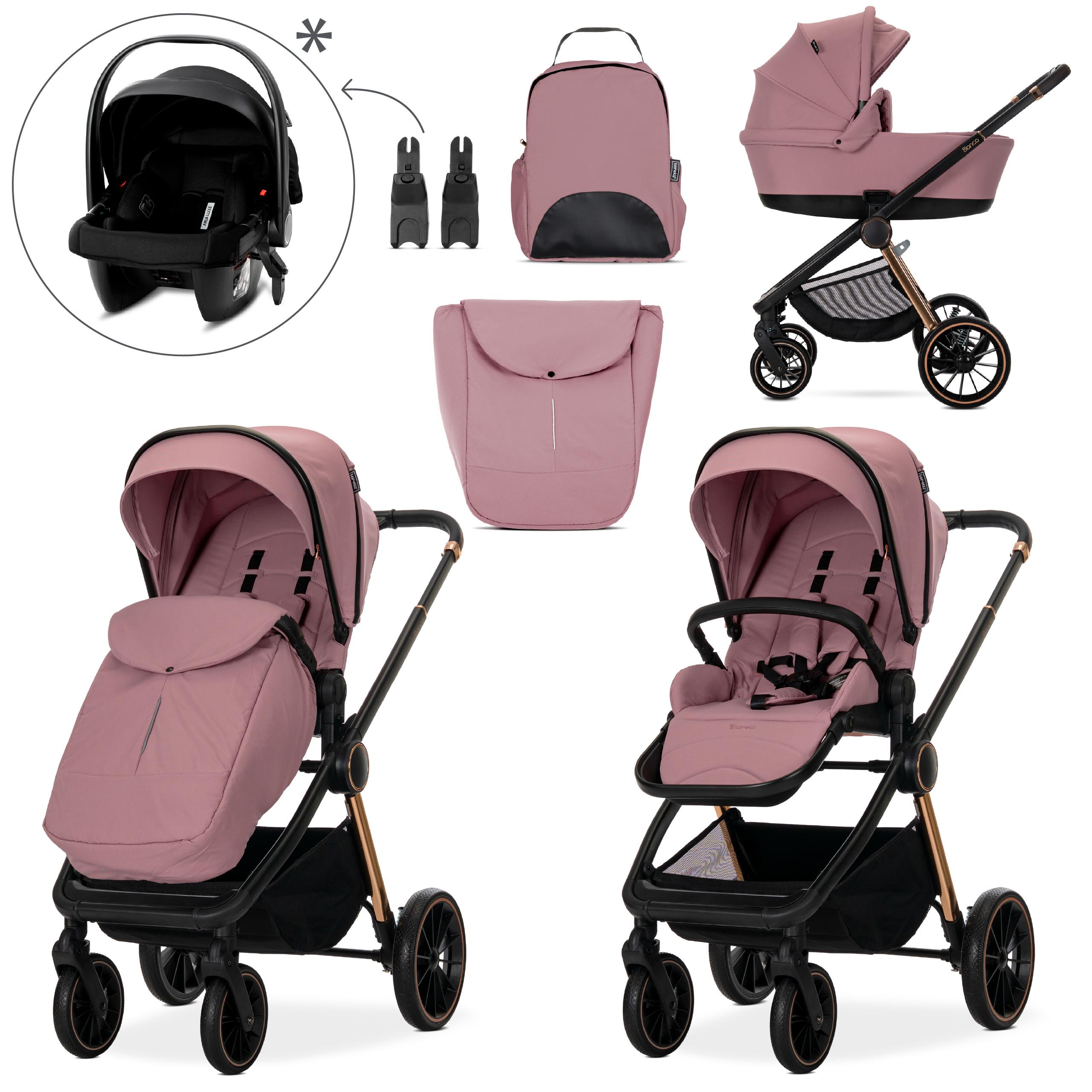Lorelli Bianca 3in1 Kinderwagen Pink mit ARIA LUXE Babyschale Kombikinderwagen ab Geburt bis 22 kg Anti-Reflux PolyurethanRäder Federung
