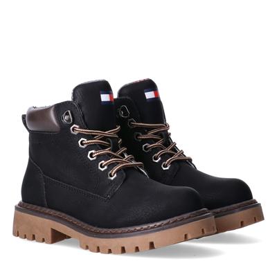 Schnürboots TOMMY HILFIGER, Mädchen, Gr. 39, Textil, schwarz, braun, Lederimitat, Schuhe Schnürboots, Worker Boots, robuster Boots für den Alltag
