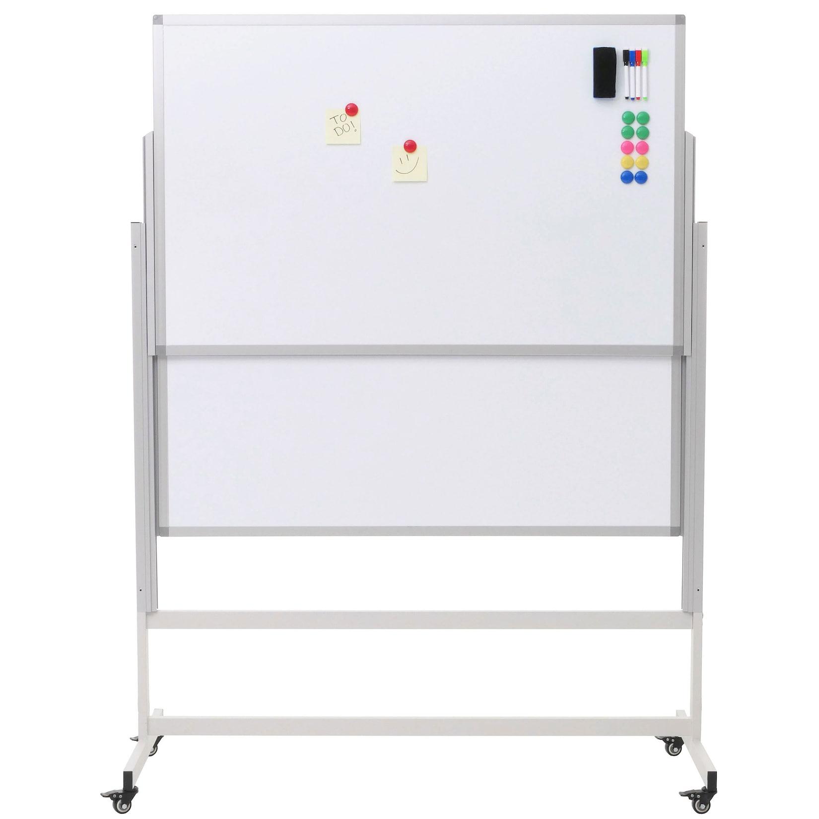 Whiteboard MCW-L87, Magnettafel, zwei Tafeln beidseitig beschreibbar höhenverstellbar rollbar inkl. Zubehör 101x69cm