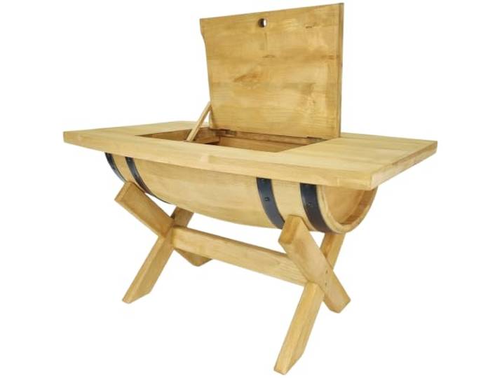 kadamahu Couchtisch aus halbem Holzfass, Stauraum, Hellbraun/Eiche-Optik Vollständig montiert; ebene Platte ohne hervorstehende Scharniere, bis 30 kg, L 80 cm, B max. 50 cm, H 44,5 cm