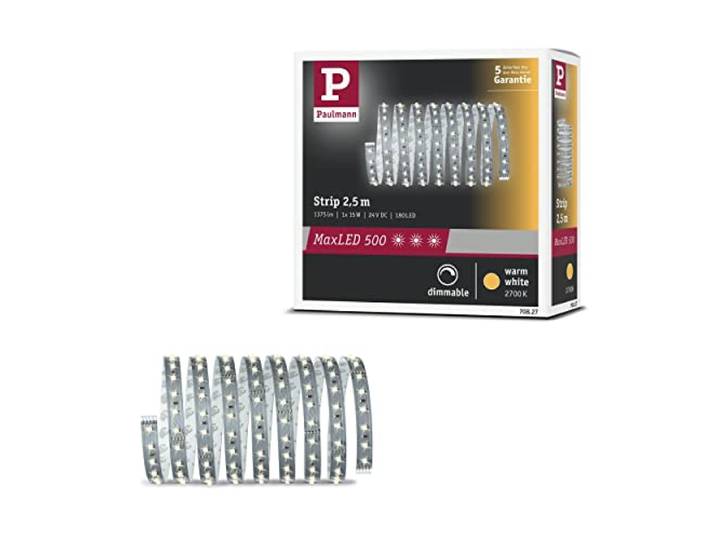 Paulmann MaxLED 500 Stripe 2\,5 m\, blanc chaud 15 W\, 2700 K\, argent MONTAGE SIMPLE – Système d’enfichage simple pour un montage sans difficulté
