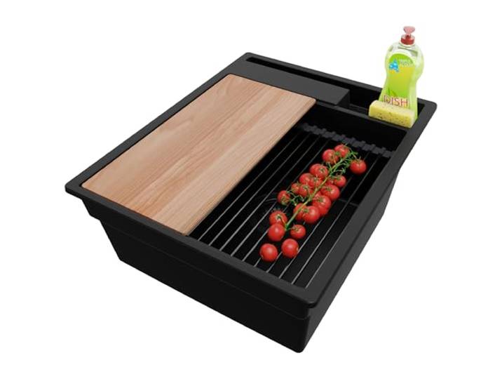 PRIMAGRAN Spülbecken ab 45er Unterschrank + Ablauf-Set, 43x53cm Set: Ablauf-Set (Siphon, Ablaufgarnitur, Überlauf) + Granitspüle 1 Becken - Oslo Pocket, Alles Schwarz