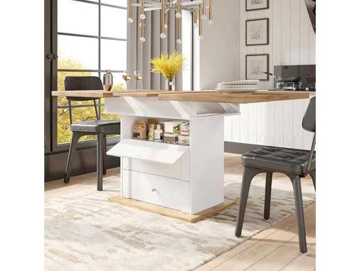 Merax Esstisch Ausziehbar, Esszimmertisch Küchentisch mit ausziehbare Tischplatte, Schubladen und Klapptüren, Säulentisch rechteckig, Teleskoptisch für 4-6 Personen, 110-140x80 cm, Holzoptik & Weiß