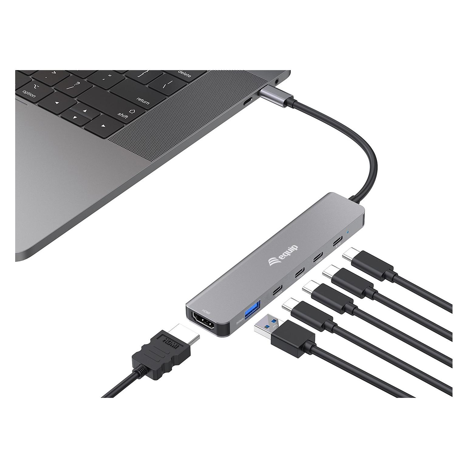 equip Adapter USB-C->HDMI/4xUSB-C/USB-A 4K/ 60Hz 0.25m Alu. (USB-C, 6 Ports) (133500)