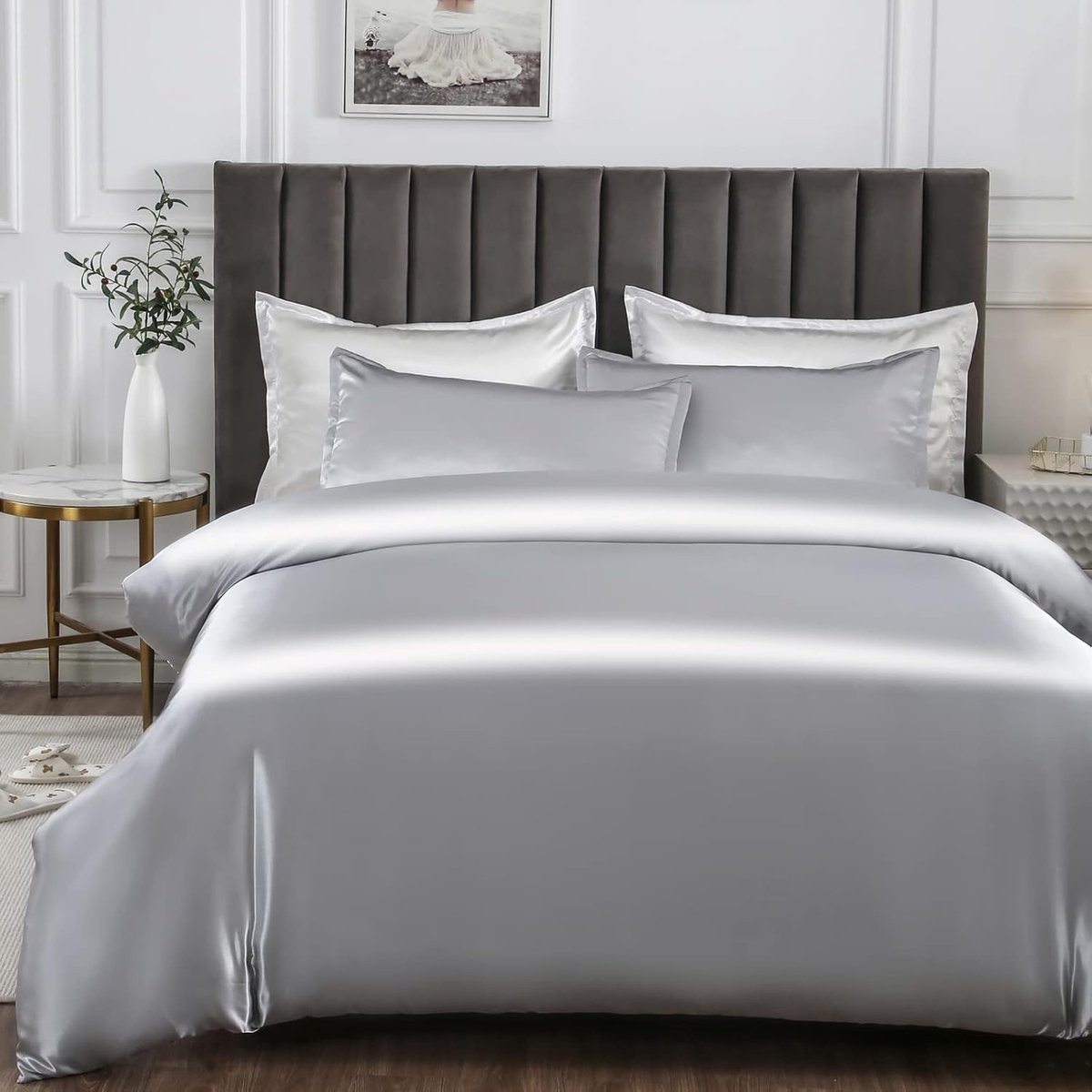 Luxe Zijde Satijn Dekbedovertrek 1-persoons Zilver - Beddengoedset inclusief 2 kussenslopen - 135 x 200 cm