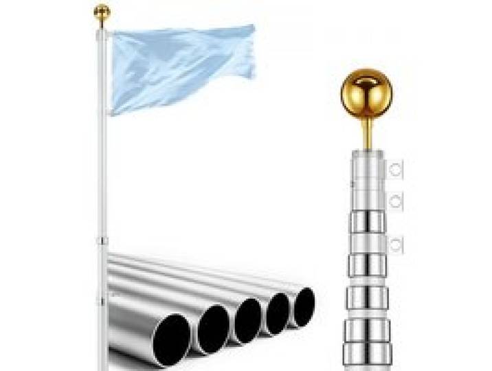 VEVOR Mât de Drapeau Télescopique 9 m Kit Mât de Drapeau Alu Épais Argent, pour Jardins Résidentiels, Entrées Commerciales, Lieux Événementiels, Espaces Extérieurs, Robuste, avec Manchon de Sol PVC
