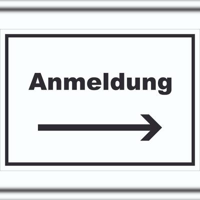 HB-Druck Anmeldung Schild mit Text und Richtungspfeil rechts Aufnahme waagerecht A2 (420x594mm)