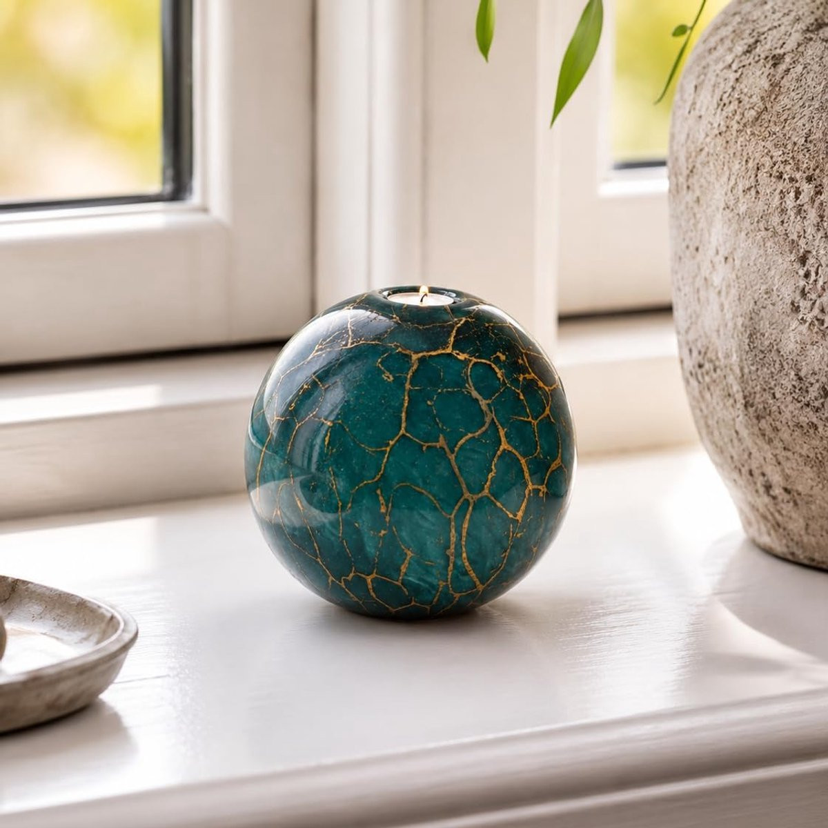 Handgemaakte Urn Waxinelichthouder Groen met Bladgoud - 18 cm