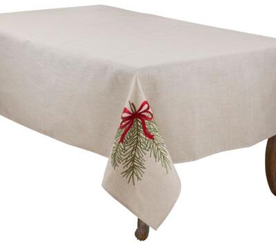 Saro Christmas Pine Embroidered Linen Blend Tablecloth - Pine Branch and Ribbon Bow Design for Holiday Dining and Entertaining
