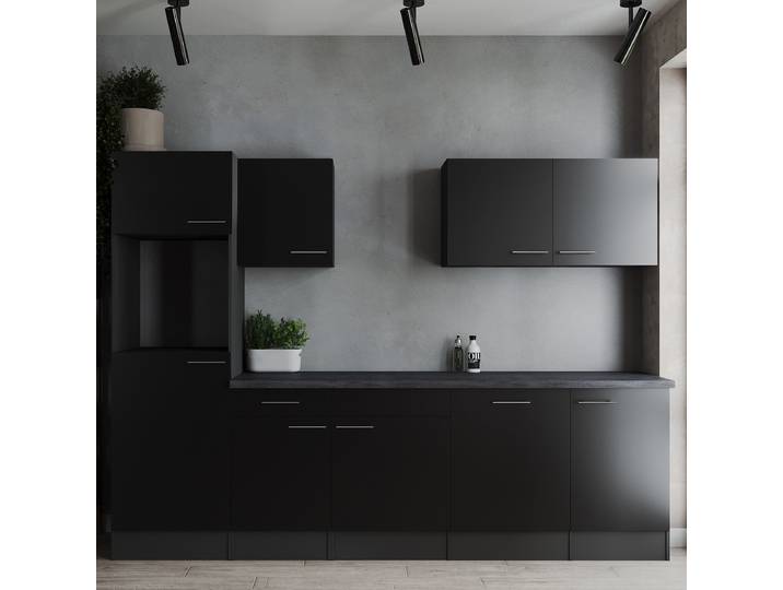 Premium Küchenzeile Oliver 280 cm 280 x 205 x 60cm Schwarz/Schwarz ohne Elektrogeräte