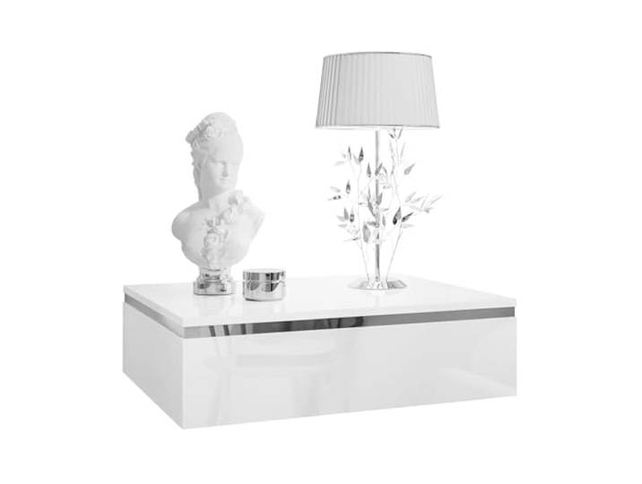 Lookway Hängender Nachttisch Aurora Silver Weiß Hochglanz mit Silberner Dekorleiste, Modernes Schlafzimmermöbel, LED-Option verfügbar