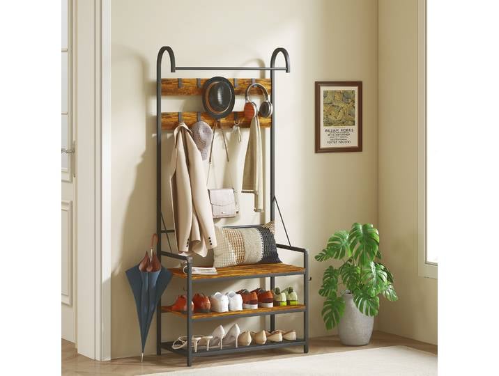 HOMCOM Porte-Manteau Banc Étagère Chaussures Bois Métal Noir